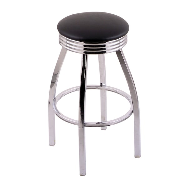 25" Counter Stool, Chrome Finish, Accent Ring, Blk Vinyl Seat, 360 Swivel